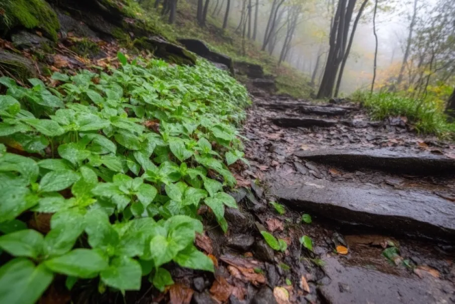 Forest trail with lush green foliage and mist in the background.