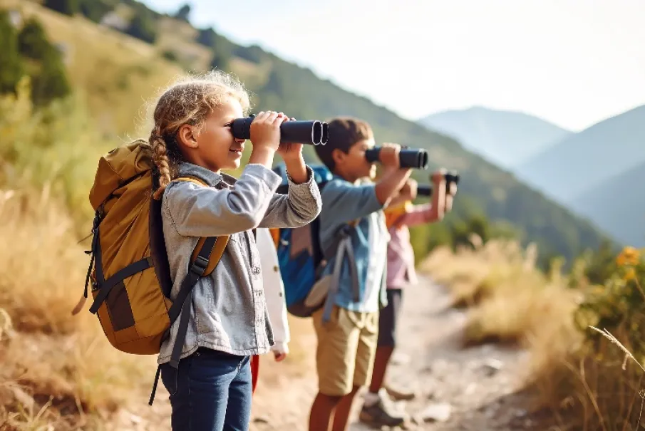 Children with backpacks using binoculars on a hiking trail in the mountains