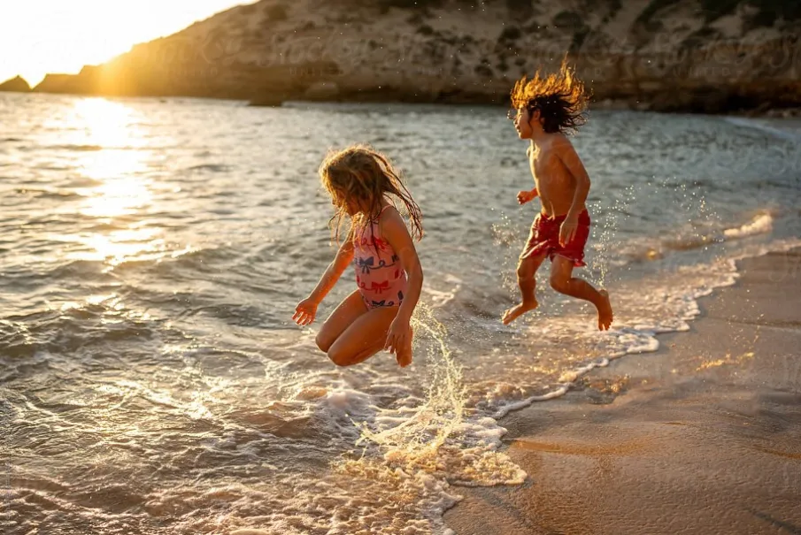 Children joyfully splashing in the ocean waves during sunset.