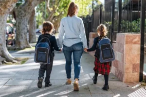 Parent walking hand in hand with two children wearing backpacks on their way to school.