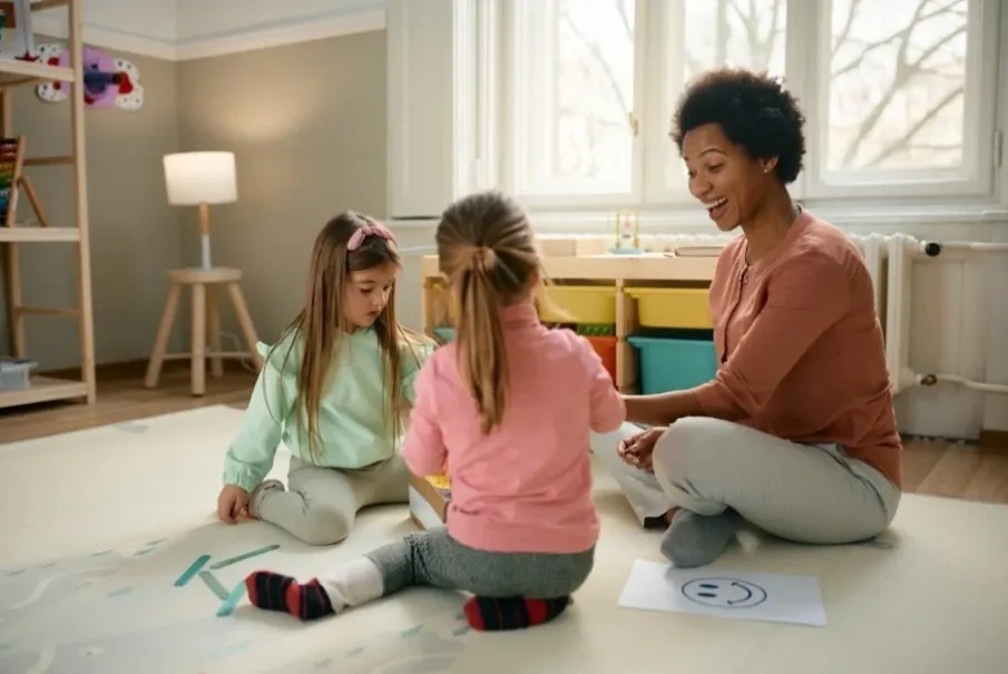 Teacher playing educational games with two preschool children in a classroom setting