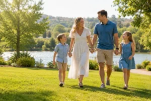 Family of four walking together in a park on a sunny day holding hands near a lakeside path